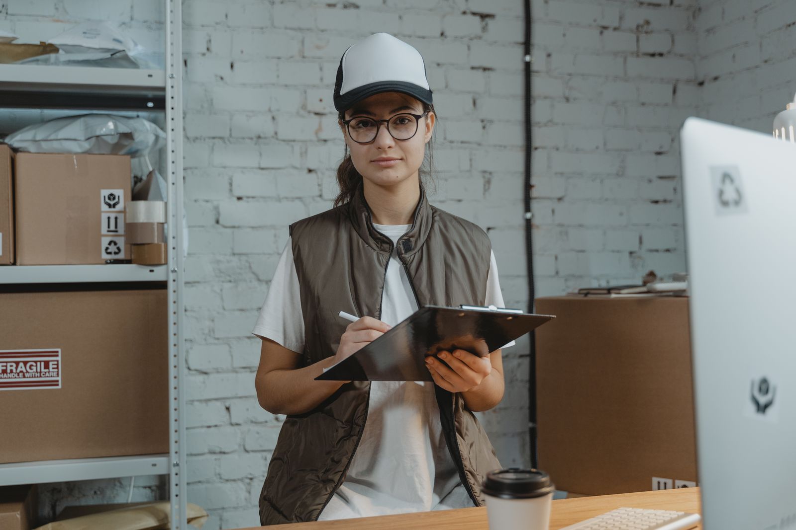Warehouse employee reviewing shipment paperwork on a clipboard